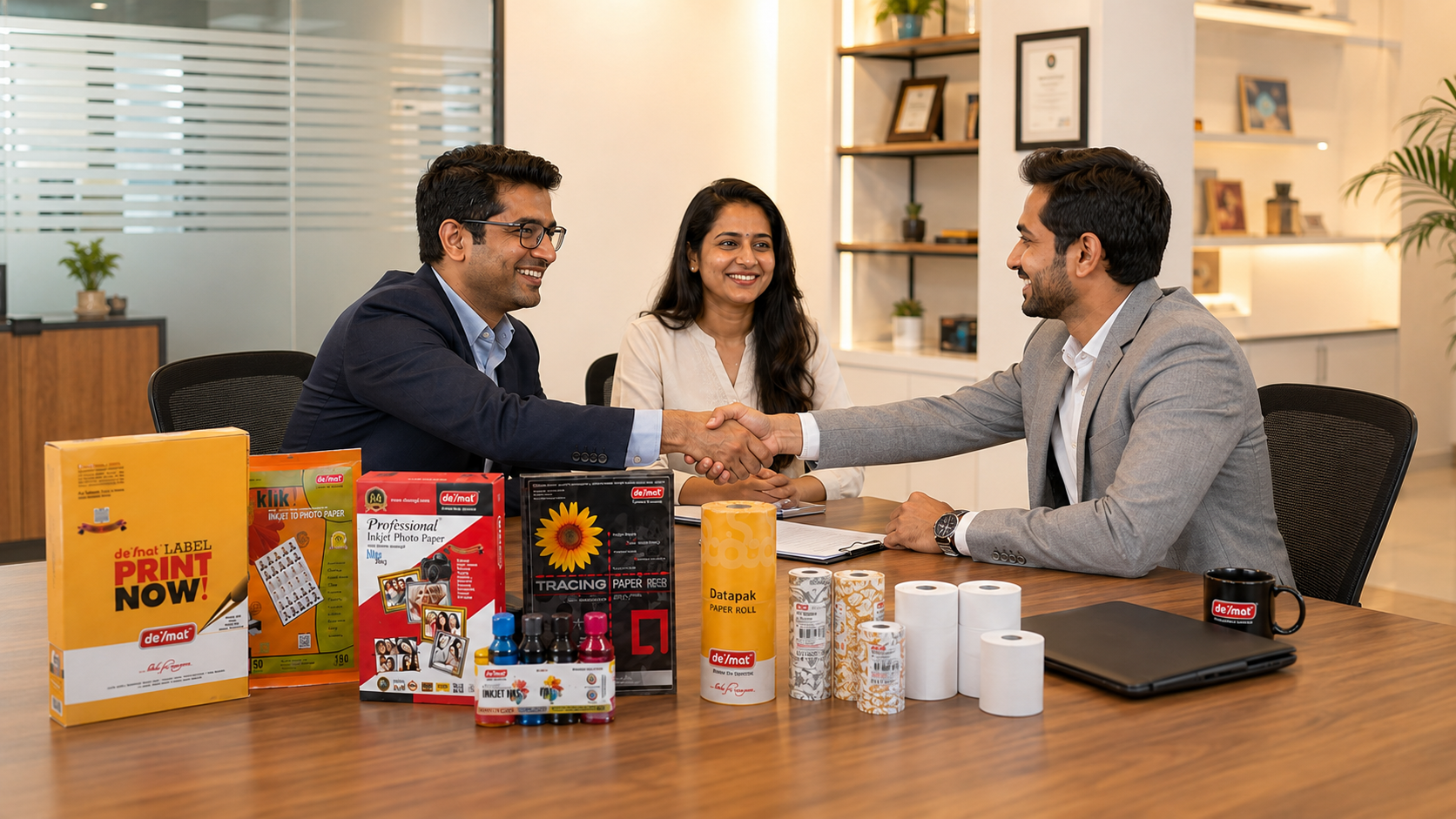 Desmat business team meeting a distribution partner with the Desmat product range on the table