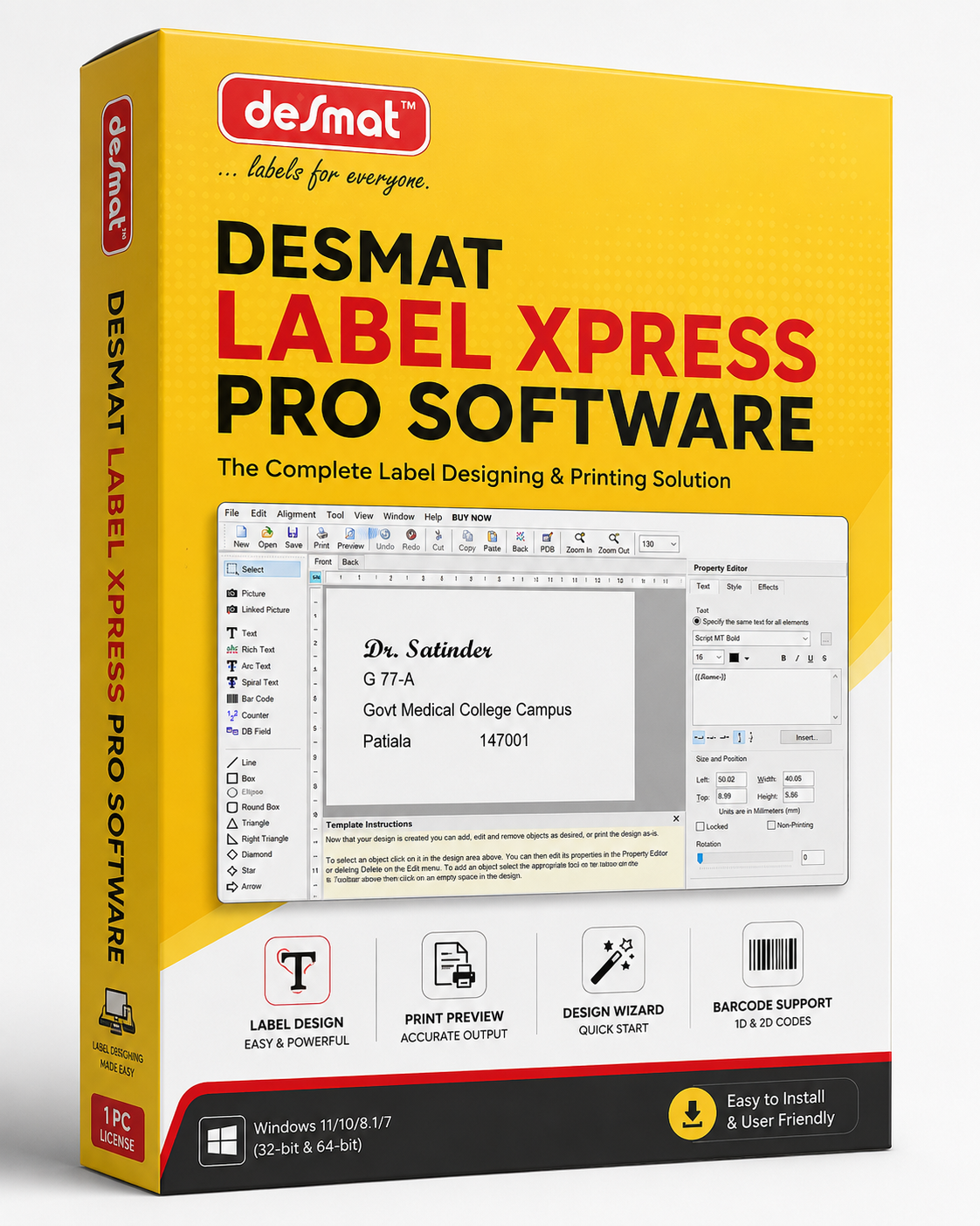Desmat Label Xpress Pro Software box, the complete label designing and printing solution for Windows