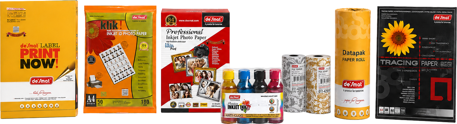 Desmat product range: labels, inkjet photo paper, premium inkjet inks, POS paper rolls and tracing paper