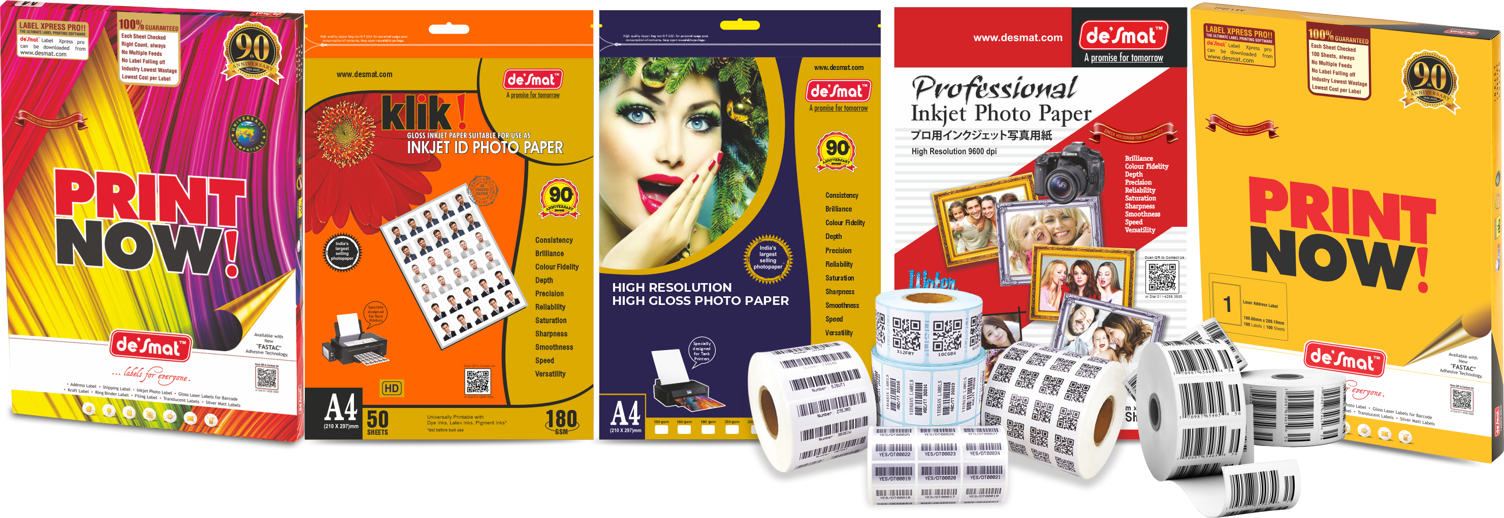 Desmat product range: label sheets, inkjet photo papers and barcode label rolls